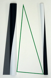 Triangle rectangle vert entre deux demi-cylindres - 2017<br><span>Sous verre, travail sur papier relief : peinture acrylique sur papier et matière plastique, 30 x 40 cm</span>