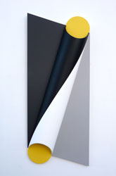 Symétrie dynamique et alternative dans le plan et le cylindre (3)<br>- 2009<br><span>Acrylique sur bois et matière plastique, 99 x 40 x 9,5 cm</span>
